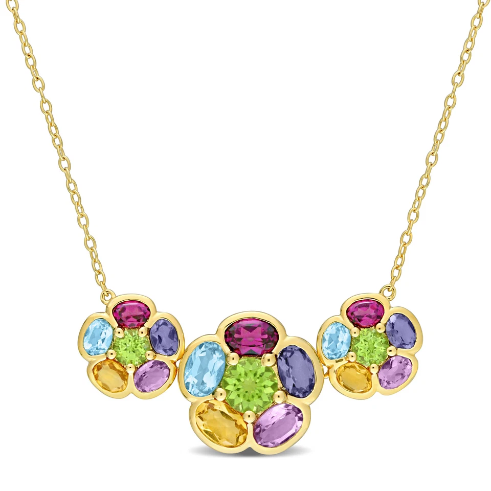 Amour Yellow Plated Silver Multi Gemstone Flower Pendant & Chain