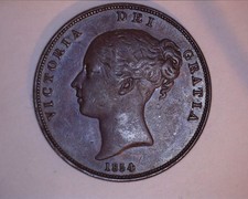1854 One Penny coin - Victoria - Nice Grade - Young Head - near colon