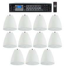 Rockville 6-Zone Amp Receiver 11 White Pendant Speakers For Restaurant/Bar/Cafe