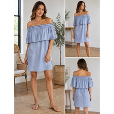 Show Me Your Mumu Mini Dress Women Medium Coastal Striped Off Shoulder Ruffle