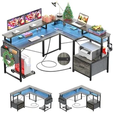 L Shaped Desk with Power Outlet and LED Strip, Reversible L Shaped Computer