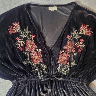 Black Velvet Embroidered Dolman Sleeve Maxi Dress L/XL Tassel Whimsy Goth Witchy
