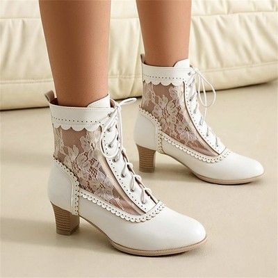 Women's Lace Up Retro Patchwork Ankle Boots Round Toe Block Heels