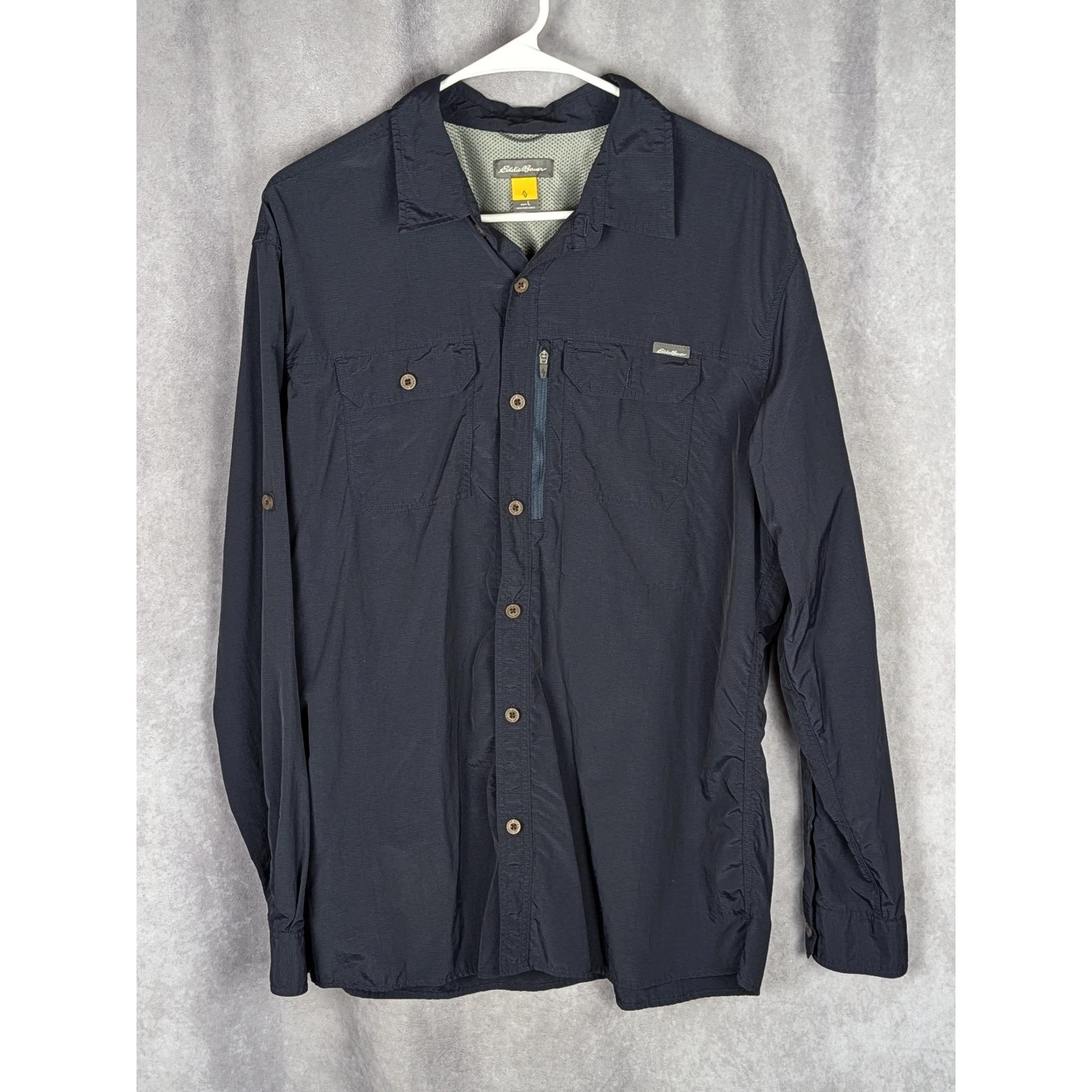 Eddie Bauer Ascent Men Large Blue Long Sleeve Hiking Button Down Shirt-C251