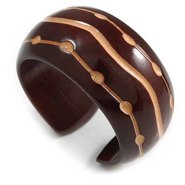 Wide Chunky Wooden Cuff Bracelet/ Bangle with Lines and Dots