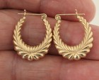 Vintage 14K Solid Yellow Gold Puffy Ribbed Oval Hoop Earrings 1.61 g — photo 5