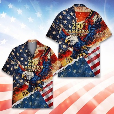250 Year USA American Flag Aloha Patriotic Eagle Summer Hawaiian Shirt