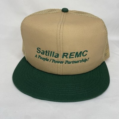 Vintage 90 Looks Trucker Hat Snapback Cap Satilla REMC Made In USA Tan And Green