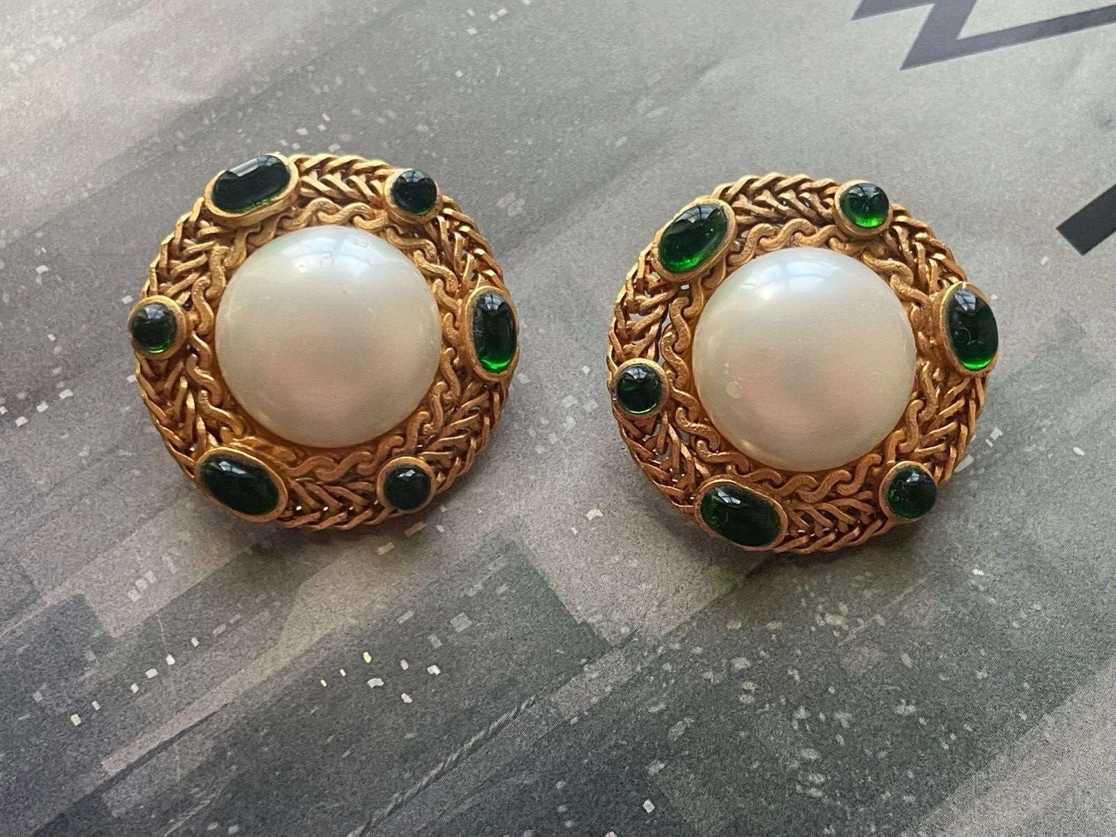 Vintage Chanel Goossens pearl green gripoix clip-on chain earrings