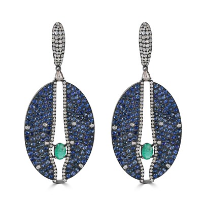 Victorian 9.2 Cttw. Emerald, Blue Sapphire and Diamond Dangle Earrings