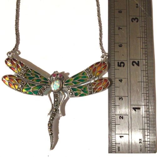 Exquisite STERLING SILVER Opal Marcasite Dragonfly Statement Necklace Bridal - Picture 1 of 9