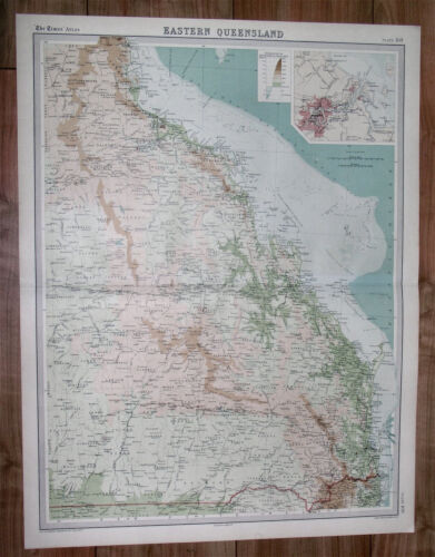 1922 ORIGINAL MAP OF EASTERN QUEENSLAND / CITY OF BRISBANE INSET MAP / AUSTRALIA