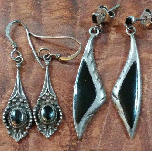 2 Paar Vintage Südwesten Sterlingsilber Onyx Ohrhänger Ohrstecker Haken - Bild 1 von 10