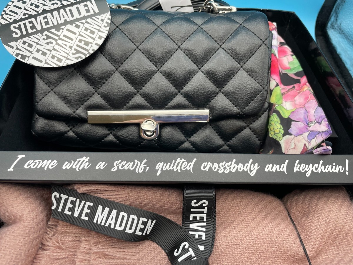 Steve Madden Scarf, Quilted Black Crossbody Bag Floral Keychain Gift Set
