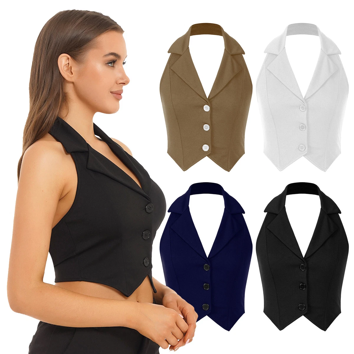 Women V Neck Button Down Waistcoat Vest Top Sleeveless Slim Fit