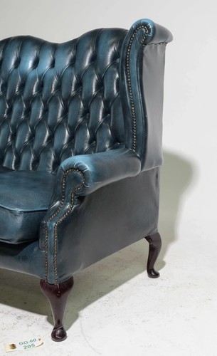 Sofa, British, Blue Leather, Wing Back, Button Tufted, Chesterfield Sofa!! - Picture 7 of 8