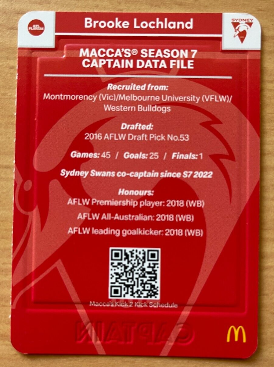 AFL Team Coach 2023 Macca's Captain Red Brooke Lochland CW-18 Sydney ...