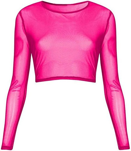 Womens Mesh Crop Top Long Sleeve Insert See Through Sheer Crop T-Shirt Blouse - Picture 8 of 18