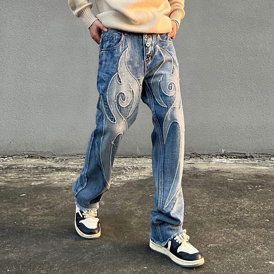 Men Patchwork Embroidery Casual Denim Pants Elastic Waist Men Patchwork Embroidery Casual Denim Pants Elastic Waist