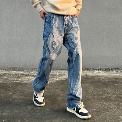 Men Patchwork Embroidery Casual Denim Pants Elastic Waist Men Patchwork Embroidery Casual Denim Pants Elastic Waist