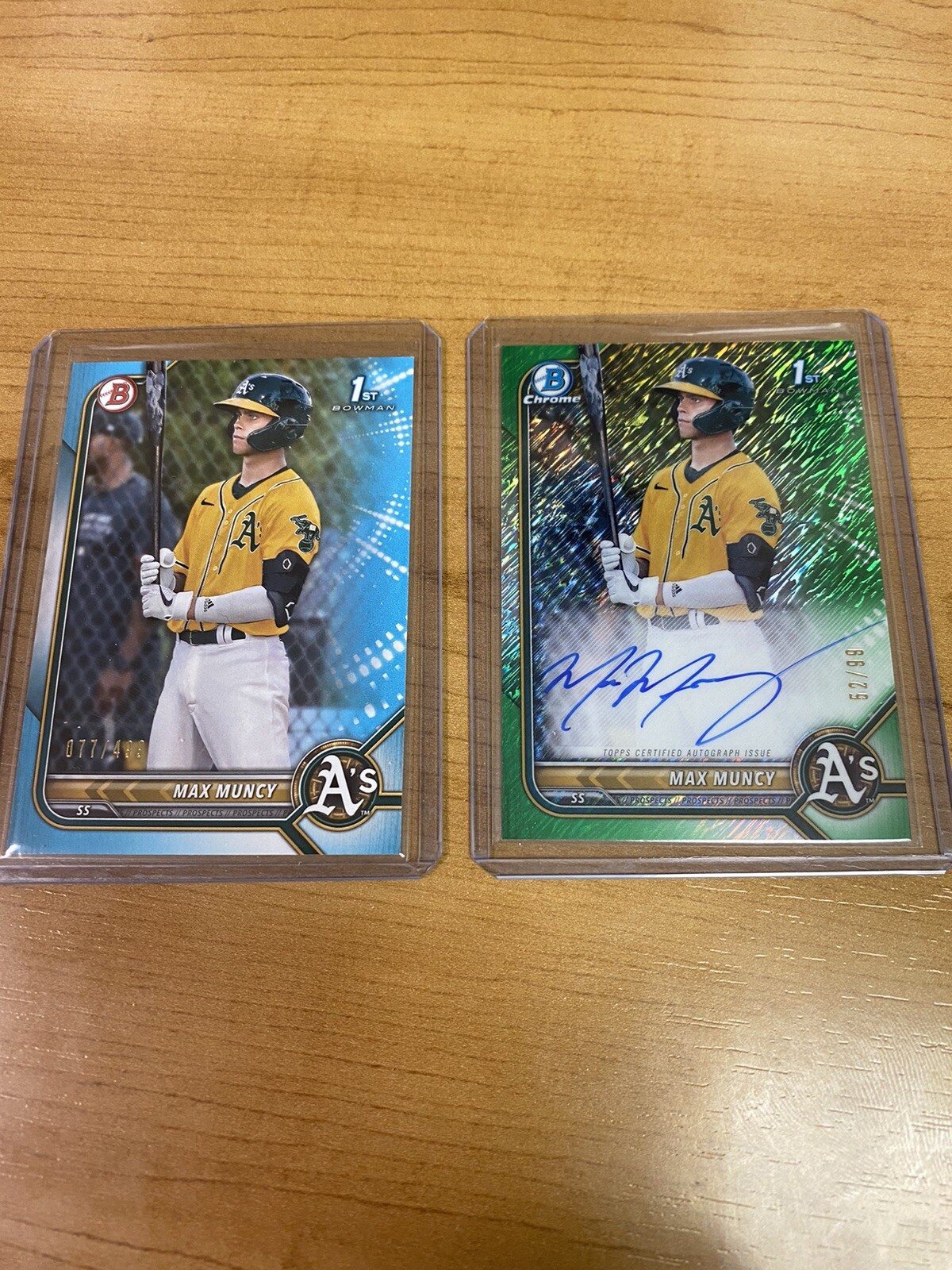 Max Muncy 2022 Bowman 1st Chrome Autograph Athletics Green Shimmer /99 & /499