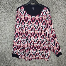 Crown & Ivy Top Womens Plus 2X Navy Blue Curvy Floral Scoop Neck Blouse Ladies