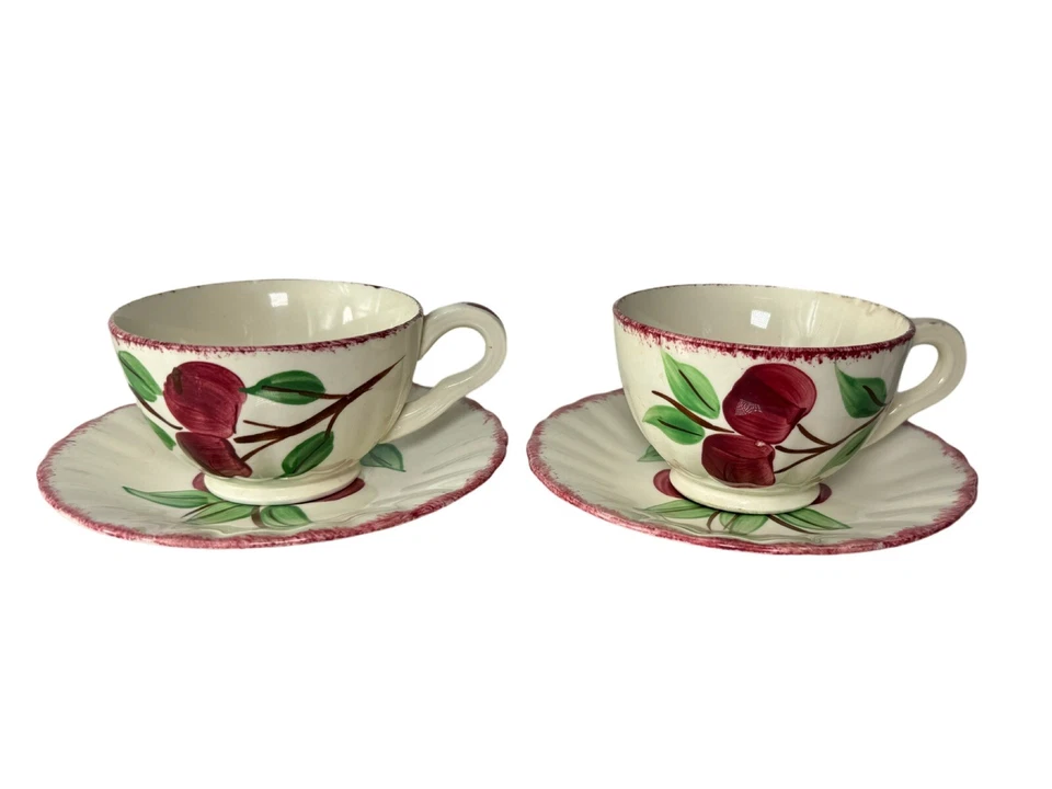 Blue Ridge Southern Pottery 2 Teacup & Saucer Sets 1930’s “Cherry Bounce”4 Piece - Image 2 of 4