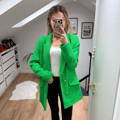 River Island Green Boucle Tweed Button Detail Blazer Jacket 12