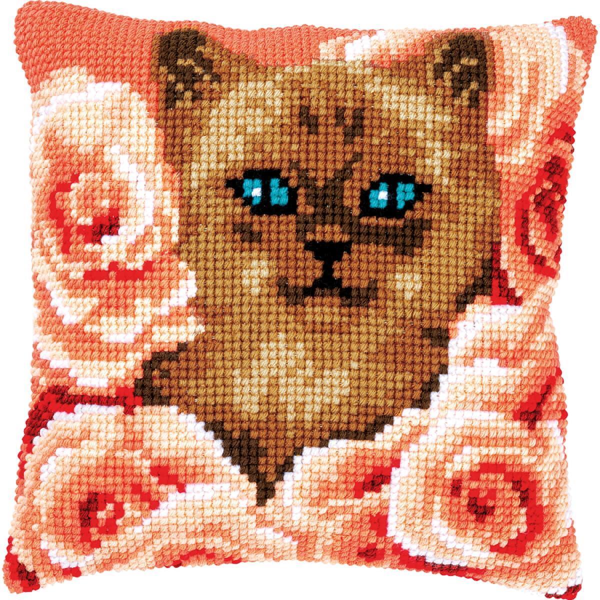 Vervaco stamped cross stitch kit cushion ""Kätzchen zwischen Rosen"", 40x40cm, DIY