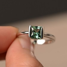 lab created Green SapphireringSilver Engagement Ring Princess Cut Solitaire Ring