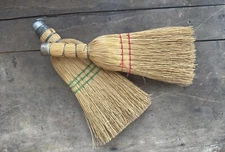 SET OF 2 PRIMATIVE CORN HUSK HAND BROOMS 11” & 12” VINTAGE CONDITION HOME DECOR