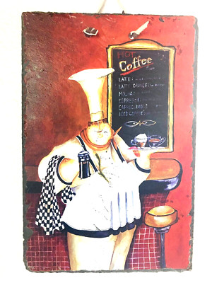 VTG ''FAT CHEF COFFEE SHOP'' By JENNIFER GARANT, Painted in Metal Plaque 12''Hx8''L