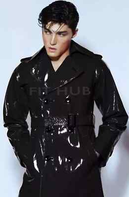 Men's Black Trench PVC Vinyl Coat Shinny Gothic Steampunk Fashion Coat Windbreak