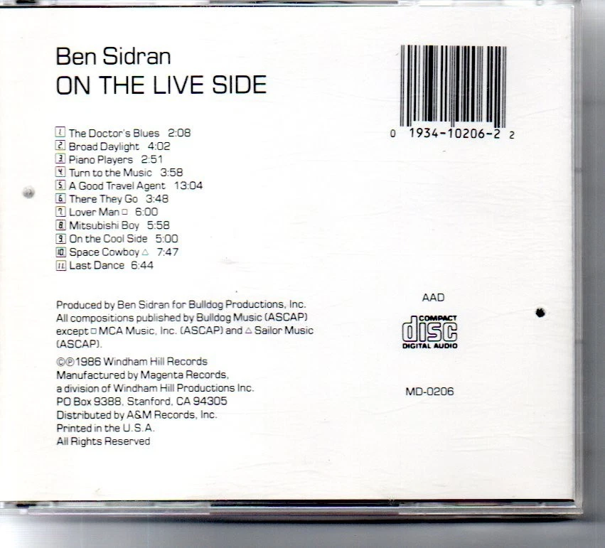 BEN SIDRAN; On The Live Side, 1986 OriginaL CD, Jazz - Bild 2 von 2