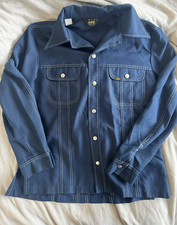 Lee Vintage Western Polyester Shirt Jacket Blue Large Made in USA Disco 70s