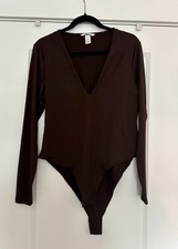 Brown Long Sleeve V-Neck Bodysuit for Women Size L One Piece Solid