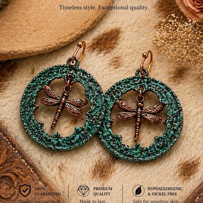 Dragonfly Dangle Earrings Green Copper Handcrafted Nickel-Free
