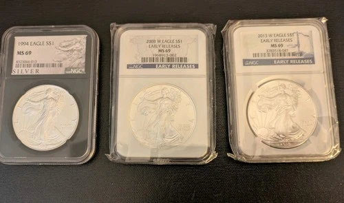 SILVER! 3 TOTAL OUNCES: 1994/2008/2013 SILVER EAGLES NGC-CERTIFIED MS69 😍 🔥🔥