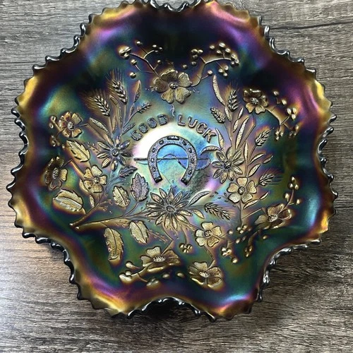 Antique Northwood Carnival Glass Good Luck Ruffled Bowl Amethyst 9” Early 20th