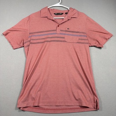 Travis Mathew Polo Shirt Mens Med. Salmon Stripes Stretch Golf Collared 3 Button