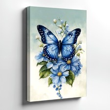 Wall Art Blue Butterfly on Pink Flower Textured Canvas Painting Home Decor Print
