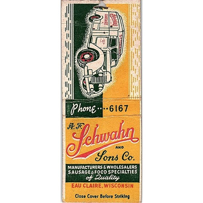 #ad Schwahn and Sons Co Sausage Eau Claire Vintage Matchbook Cover SC7 Y6 $13.50