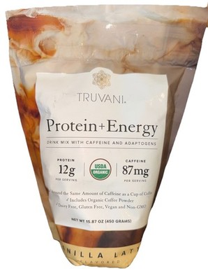 Truvani 12g Protein Energy Drink Mix Caffeine Vanilla Latte 15.87 oz Vegan GF