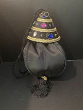 Vintage Black Satin Cord Drawstring Jeweled 80  s Evening Bag Purse New With Tags
