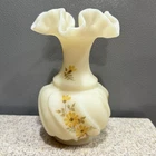 Vtg Fenton Satin Glass Hand Painted Yellow Floral Vase 5.5" Ruffle Edge Signed