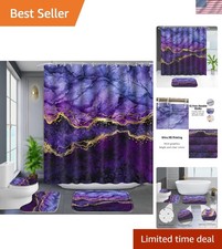 Complete Bathroom Set: Gold Edge Marble Shower Curtain, Rugs Toilet Cover