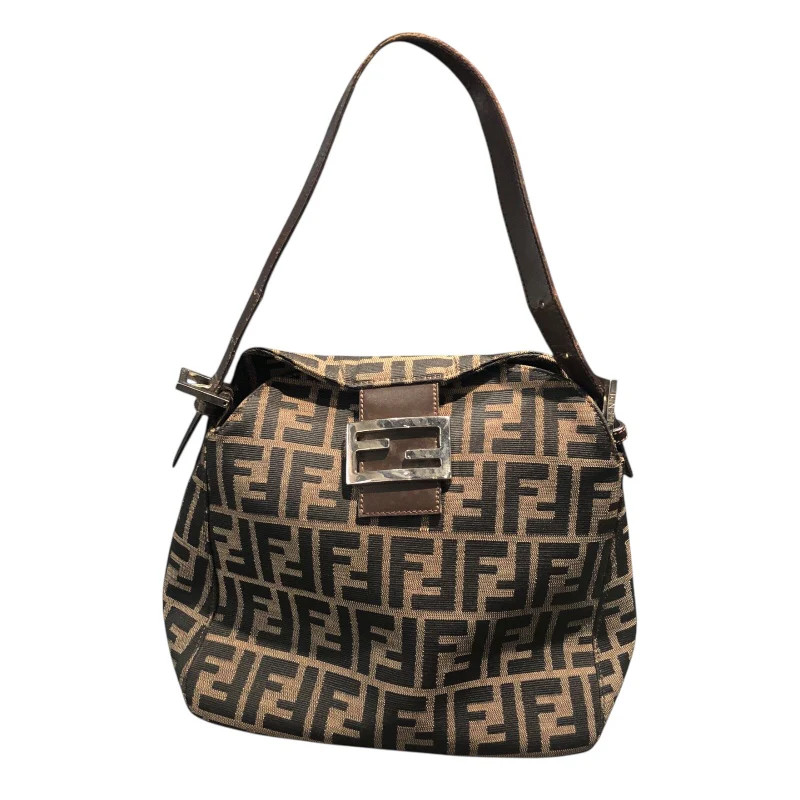 FENDI Zucchino Mama Bucket Bag Brown Jacquard Canvas Leather Shoulder #OK3655