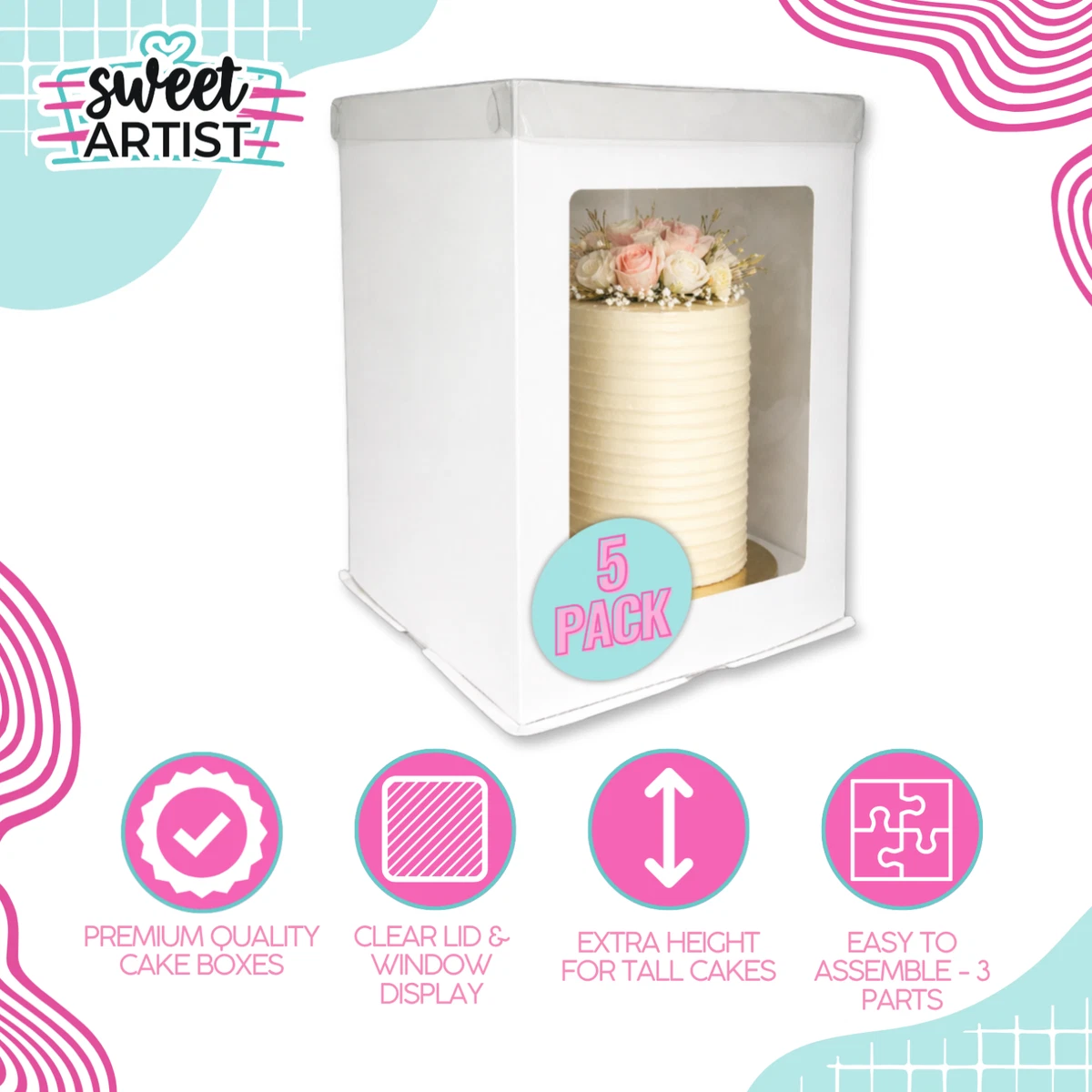 10" Extra hohe weiße Kuchenboxen mit klarem Deckel und vollem Schaufenster (5er Pack)