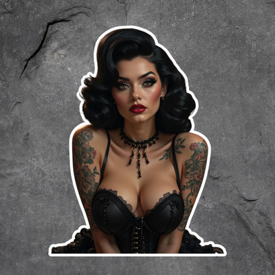 Pinup girl sticker vinyl decal seductive goth woman in black corset with tattoos