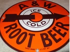 VINTAGE A & W ICE COLD ROOT BEER 11 3/4" PORCELAIN METAL SODA, GASOLINE OIL SIGN